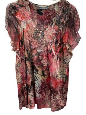 Unity World Wear Printed Floral Embroidered Batwing Top Size L Red Boho Festival